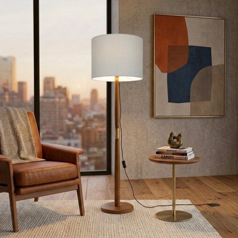 Luminária de Chão Imperial Base Madeira Detalhe Dourado 160cm Bivolt - Gelo
