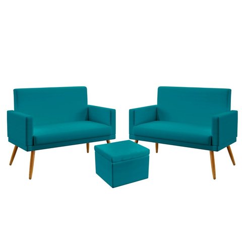 Kit 2 Poltronas Namoradeira Nina com Rodapé e Puff Quasar Suede Azul Turquesa Aradecor