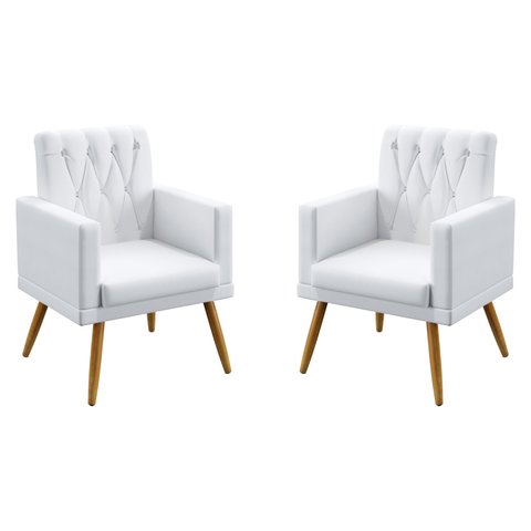 Kit 2 Poltronas Decorativas Estofadas Vega Rodapé e Botões Para Sala de Estar Couro Artificial Branc