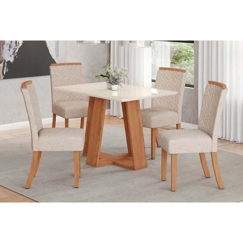 Conjunto Mesa Sala Jantar Lins com Tampo Reto Madeirado com Vidro 120x80cm e 4 Cadeiras Malu Nature