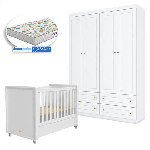 Berço Tutto New e Guarda Roupa Infantil Americano 4 Portas Branco Fosco com Colchão Gazin - Matic