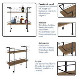 Carrinho Bar Industrial com 2 Prateleiras P1036 Preto/mel - 5