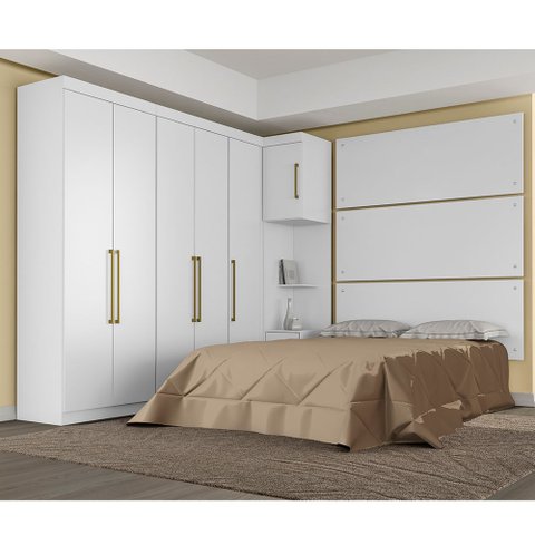 Jogo de Quarto Modulado Firenze de Casal Branco 7 Pçs Painel de Casal + Mesa de Cabeceira + Roupeiro