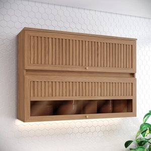 Armário Aéreo 2 Portas Basculante 120cm Ripado com Vidro Yasmin Espresso Móveis