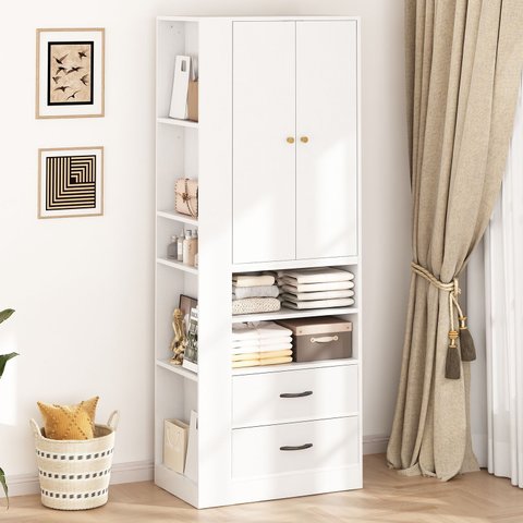 Guarda-roupa Compacto 2 Portas com 2 Gavetas, Cabideiro e Nichos Laterais Branco