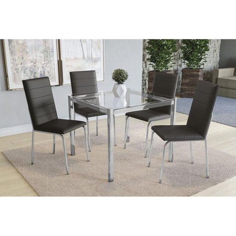 Sala de Jantar Completa Reno c/ Tampo Vidro 90cm + 4 Cadeiras Amsterdã Cromado/Courano Preto -