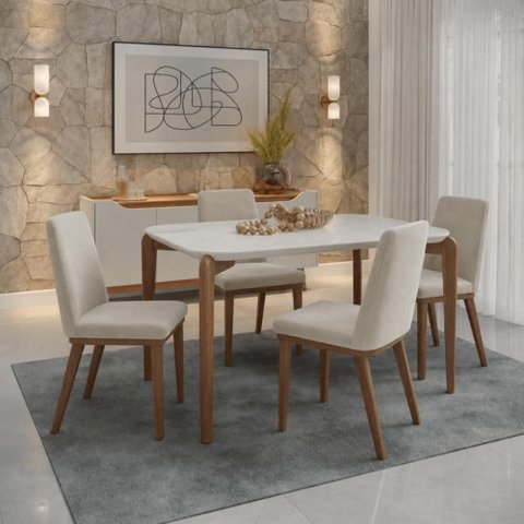 Conjunto de Jantar Mesa c/Vidro Donatella 4 Cadeiras Kalina - Soft Palha