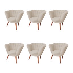 Kit 6 Poltronas Decorativa Pétala Clínicas e Base Madeira Maciça Estofado Veludo Bege - 1