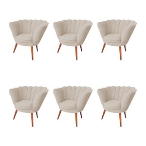 Kit 6 Poltronas Decorativa Pétala Clínicas e Base Madeira Maciça Estofado Veludo Bege