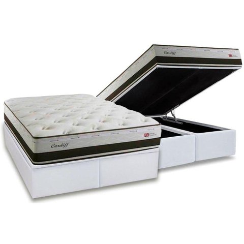 Cama Box Baú Queen: Colchão Molas Herval Maxspring Cardiff + Base CRC Courano White(158x198)