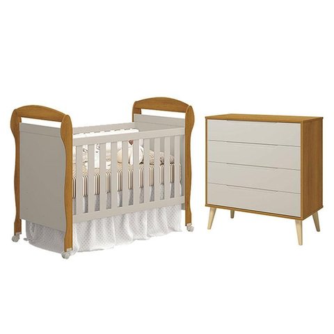Berço Americano Danny e Cômoda Gaveteiro Elfe Retrô Areia Savana Acetinado Natural - Reller
