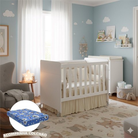 Berço Americano Evolution Multifuncional 4 em 1 com Colchão - Reller - Branco Fosco