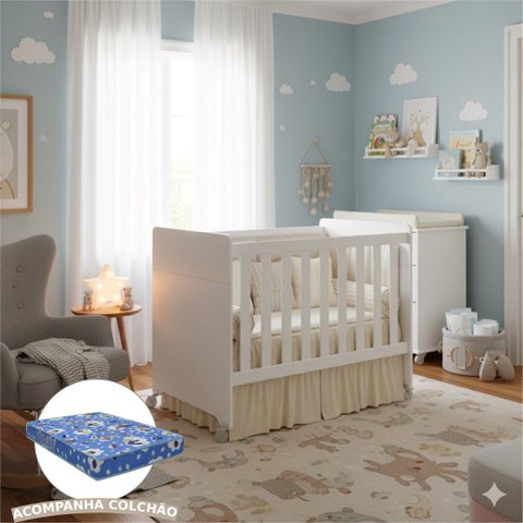Berço Americano Evolution Multifuncional 4 em 1 com Colchão - Reller - Branco Fosco