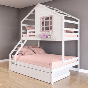 Treliche Casinha com Janela Casal/solteiro Madeira Maciça Branco/ Rosa Housin