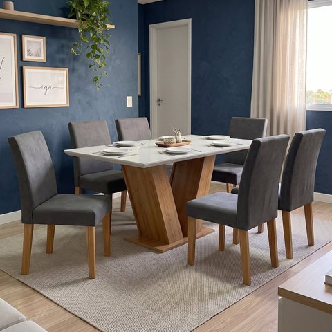 Conjunto Mesa de Jantar com 6 Cadeiras em MDF Estofadas e Base em V 160x80x80cm Ypê