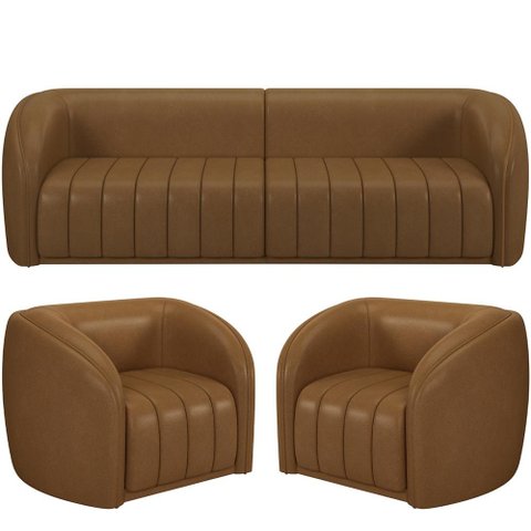 Kit Sofá 04 Lugares para Sala 252 Cm com 02 Poltronas Lazio M03 Couríssimo Whisky - Lyam Decor