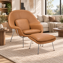 Ver imagem 2 de Poltrona Womb Chair com Puff em Couro Ecológico - Caramelo