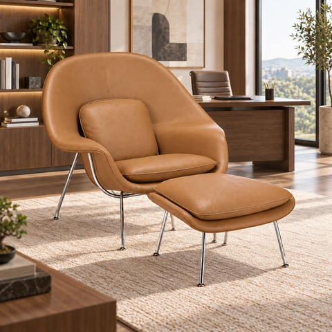 Poltrona Womb Chair com Puff em Couro Ecológico - Caramelo