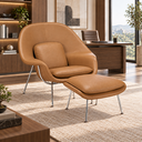 Ver imagem 1 de Poltrona Womb Chair com Puff em Couro Ecológico - Caramelo