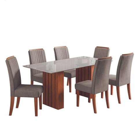 Conjunto de Mesa Sala de Jantar Ripada Tampo com Vidro Santiago 1,80m 6 Cadeiras Grécia Dobuê