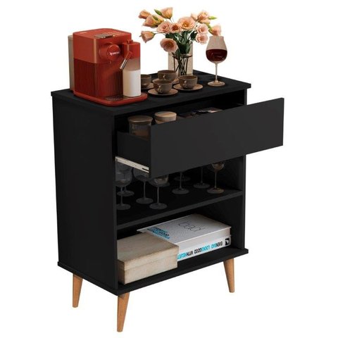 Buffet / Balcão Bi Estilo Retrô com Pés em Madeira Maciça Cor Preto Jm
