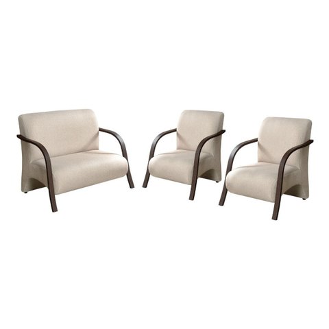 Conjunto Sevilha Namoradeira + 2 Poltronas Decorativa Braço De Madeira Recepção Sala - Linho Bege Cl