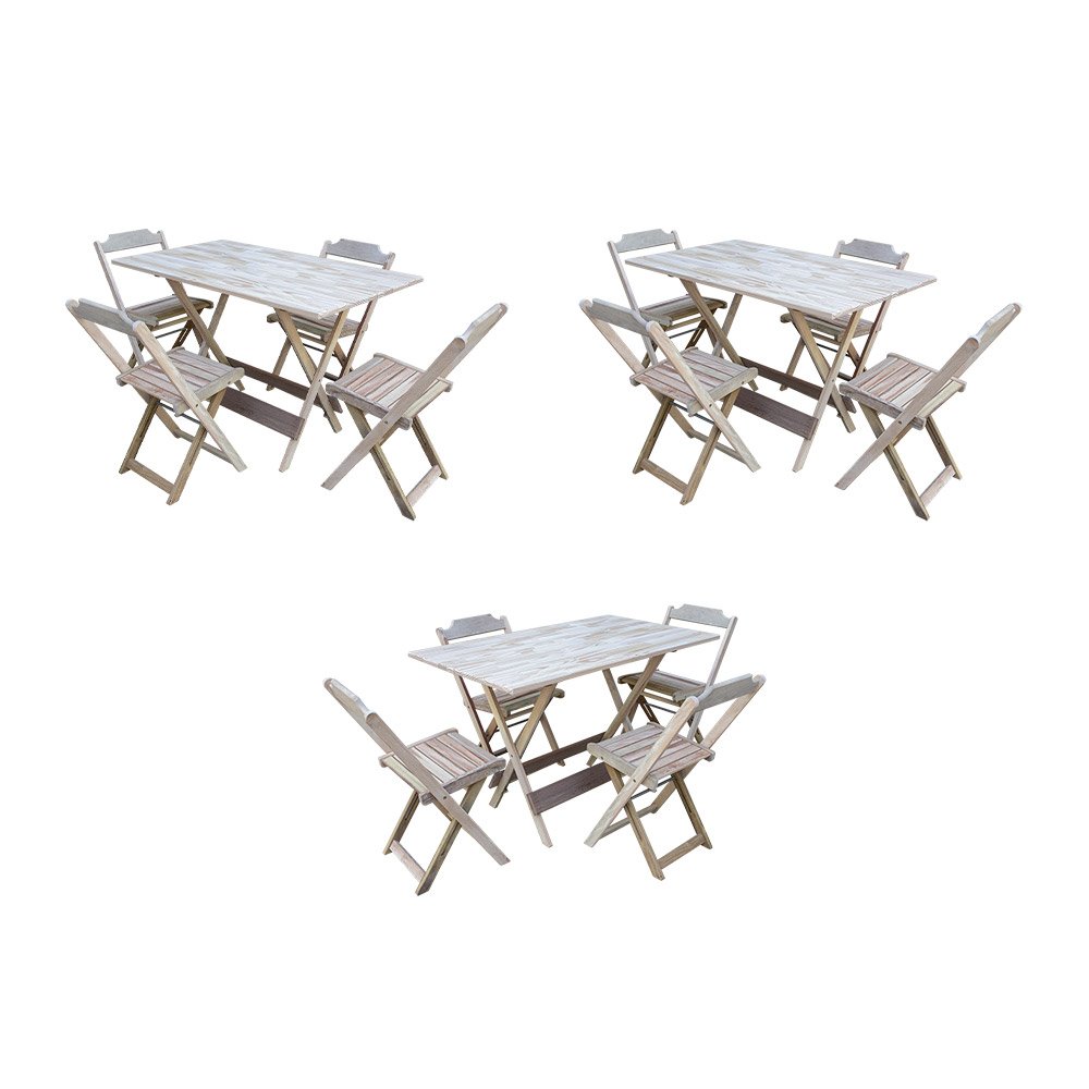 Kit 3 Jogos de Mesa Dobravel com 4 Cadeiras de Madeira 120x70 para Restaurante e Bar- sem Pintura - 1