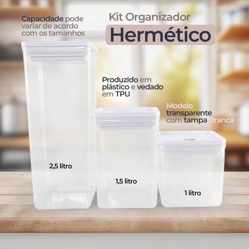 Kit com 03 Potes Organizador Hermético Branco Armazenamento - 6