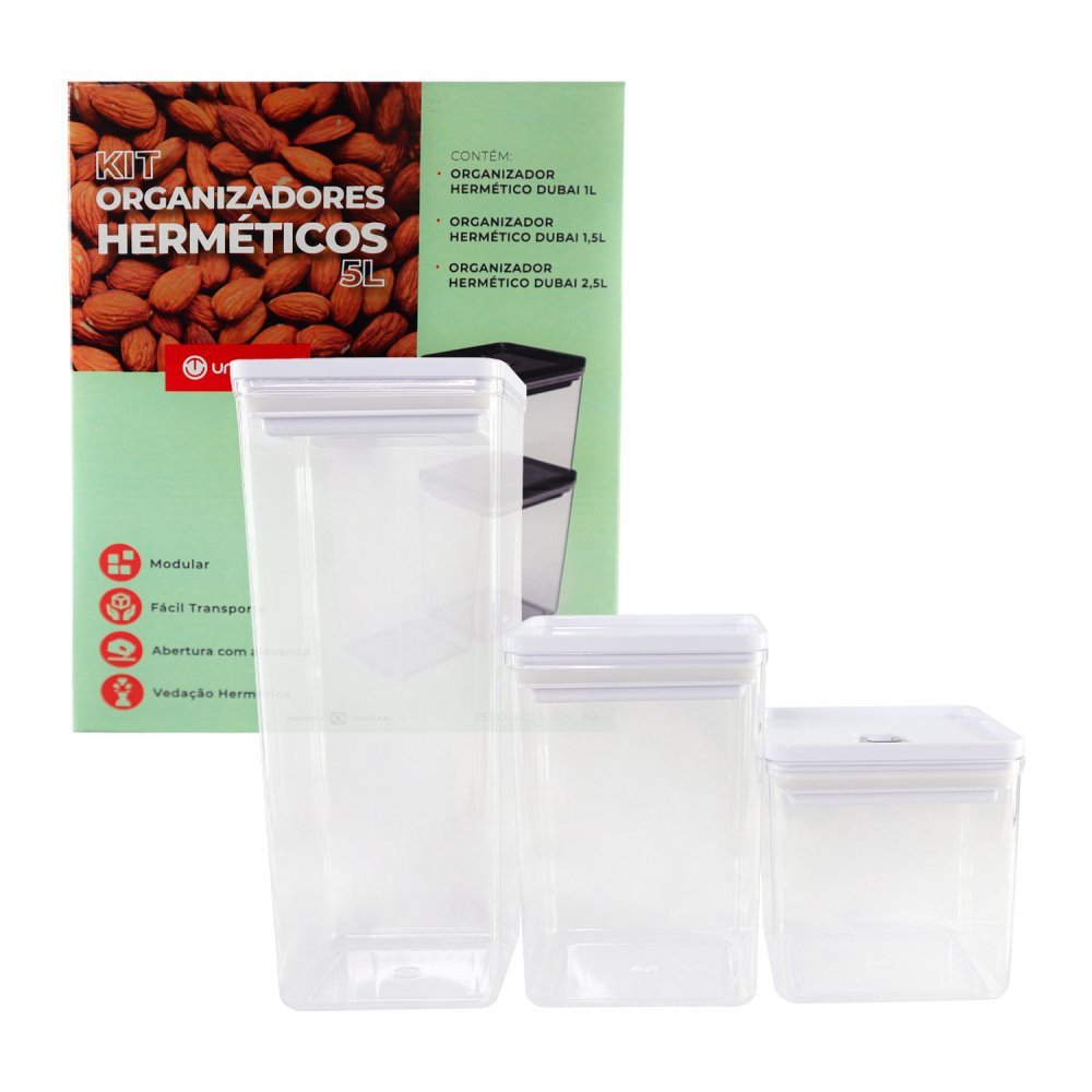 Kit com 03 Potes Organizador Hermético Branco Armazenamento - 7