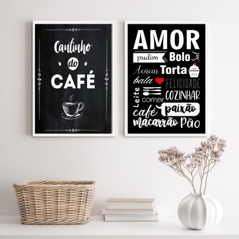 Kit 2 Quadros Cantinho do Café Amor cozinha 45x34cm - com Vidro:madeira Preta