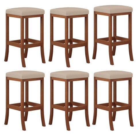 Kit 6 Banquetas Alta Estofada Barcelona 38x74cm Bancada Bar Madeira Maciça Castanho Suede Bege - CCS