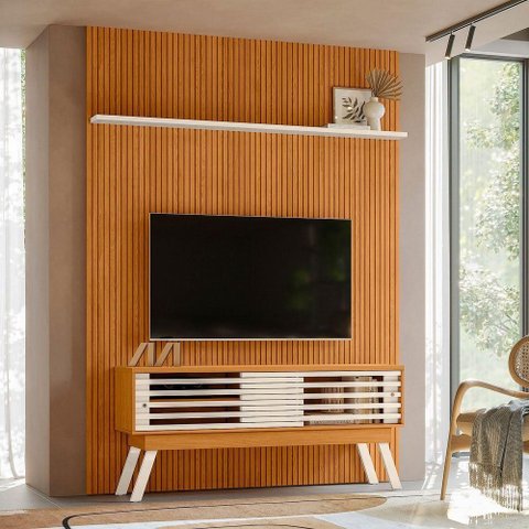 Kit Painel Piso-Teto Ripado Frizz 2 Portas MDF Cinamomo e Off White Pallazio