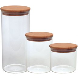 Kit Jogo 3 Potes Vidro Hermético com Tampa Bambu 300/500/1,2 - 1
