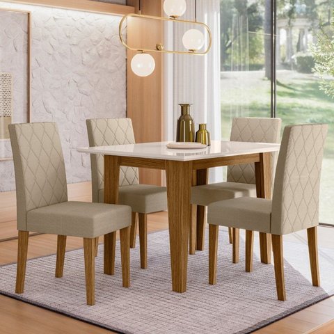 Conjunto Mesa de Jantar Kate 120cm 4 Cadeiras Jade Revestidas em Suede Cavalho/Bege/Off White
