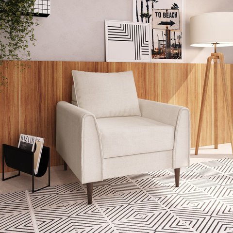 Poltrona Decorativa Bienna 1 Lugar Estrutura e Pés em Eucalipto Tecido Linho 85cm Branco Off White