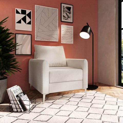 Poltrona Decorativa Davos 1 Lugar Estrutura Eucalipto Pés em Alumínio Tecido Linho 75cm Branco Off White