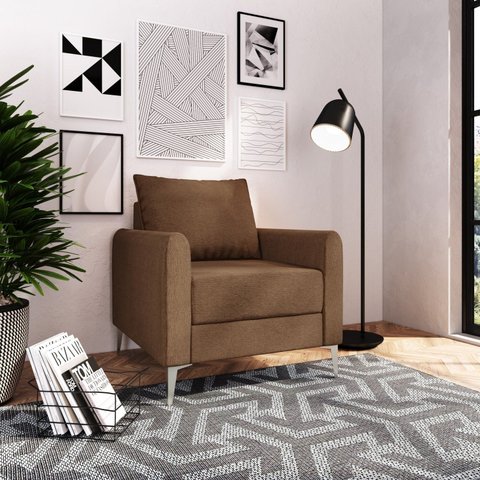 Poltrona Decorativa Davos 1 Lugar Estrutura Eucalipto Pés em Alumínio Tecido Linho 75cm Marrom