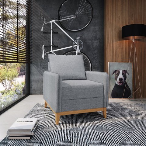 Poltrona Decorativa Lugano 1 Lugar Estrutura e Pés em Eucalipto Tecido Linho 67cm Cinza
