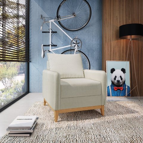 Poltrona Decorativa Lugano 1 Lugar Estrutura e Pés em Eucalipto Tecido Linho 67cm Branco Off White