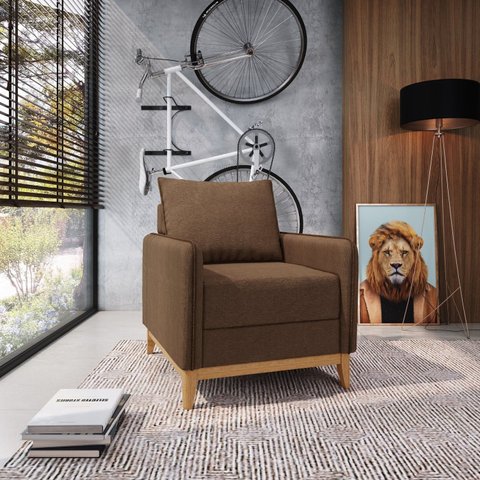Poltrona Decorativa Lugano 1 Lugar Estrutura e Pés em Eucalipto Tecido Linho 67cm Marrom