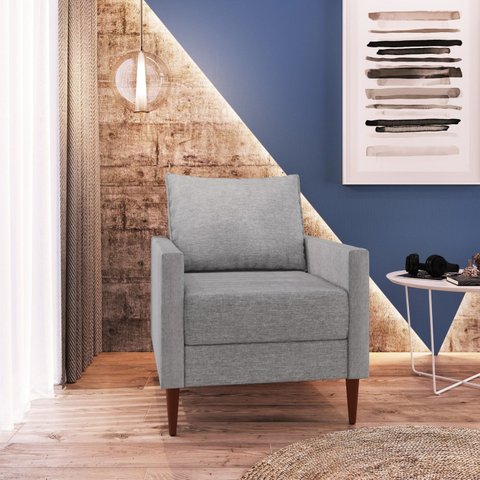 Poltrona Decorativa Fideris 1 Lugar Estrutura e Pés em Eucalipto Tecido Linho 70cm Cinza