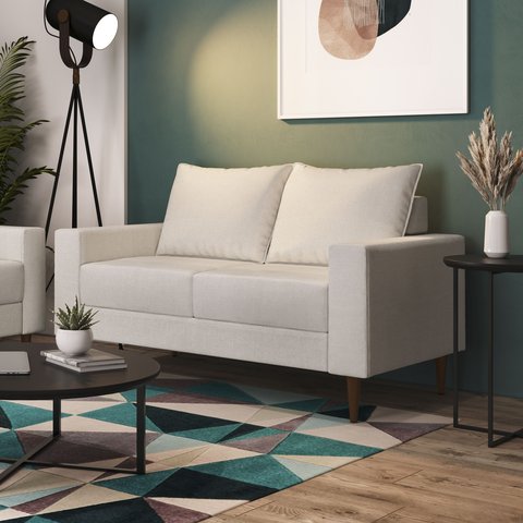 Sofá Living Ascona 2 Lugares Estrutura e Pés em Eucalipto Tecido Linho 1,40m Branco Off White