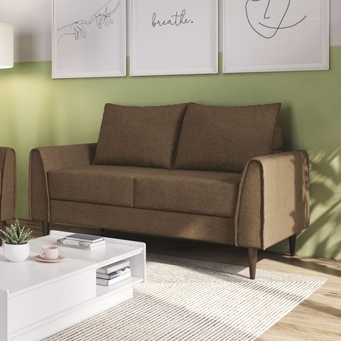 Sofá Living Bienna 2 Lugares Estrutura e Pés em Eucalipto Tecido Linho 1,40m Marrom