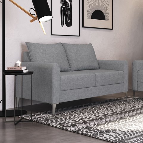 Sofá Living Davos 2 Lugares Estrutura Eucalipto Pés em Alumínio Tecido Linho 1,30m Cinza
