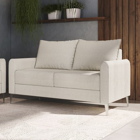 Sofá Living Davos 2 Lugares Estrutura Eucalipto Pés em Alumínio Tecido Linho 1,30m Branco Off White