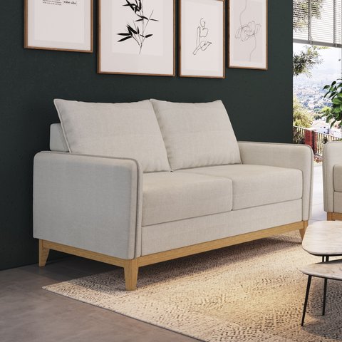 Sofá Living Lugano 2 Lugares Estrutura e Pés em Eucalipto Tecido Linho 1,22m Branco Off White