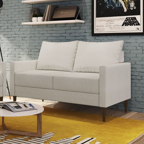 Sofá Living Fideris 2 Lugares Estrutura e Pés em Eucalipto Tecido Linho 1,25m Branco Off White
