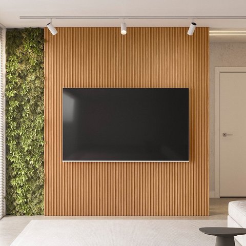 Painel Ripado para TV até 84 Polegadas 100% MDF 219cmx250cm Modular 2.2 Marrom Nature Fosco