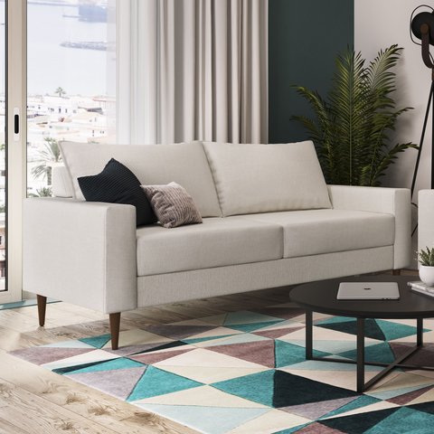 Sofá Living Ascona 3 Lugares Estrutura e Pés em Eucalipto Tecido Linho 1,88m Branco Off White