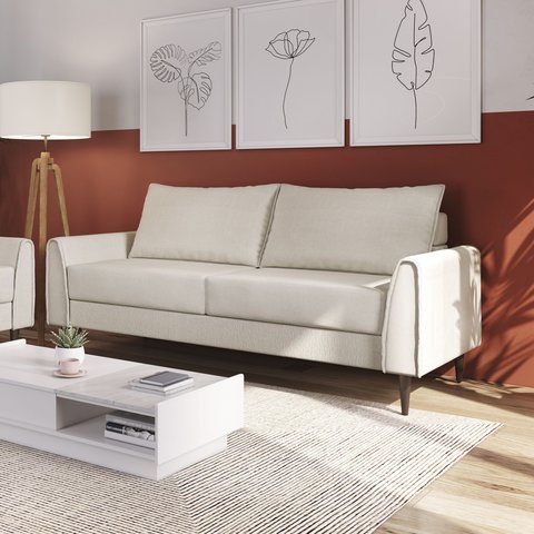 Sofá Living Bienna 3 Lugares Estrutura e Pés em Eucalipto Tecido Linho 1,90m Branco Off White